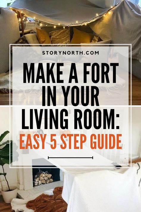 Looking for a fun indoor activity? Follow these 5 simple steps to create a homemade fort in your living room! #FortBuilding #IndoorFun #StayAtHome #LivingRoomFort #HomeDecor #HomeDIY #IndoorFort Fort Ideas Indoor Bedroom, Comfy Fort, Den Building Indoor, Homemade Forts, Diy Blanket Fort, Living Room Fort, Indoor Movie Night, Sofa Fort, Indoor Forts