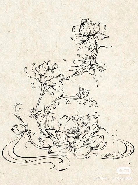 Jellyfish Flower Drawing, Large Tattoo Ideas For Women, Flower Fine Line Drawing, Flower Bed Tattoo, Water Fountain Tattoo, Orchids Tattoo Design, Butterfly And Flowers Drawing, Lilypad Tattoo, Pretty Line Art