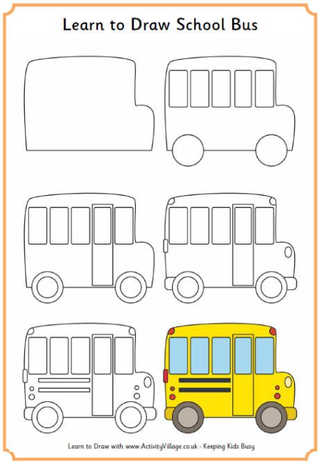 Learn to Draw a School Bus. How to doodle .... Follow for more FREE 'too-neat-not-to-keep' literacy tools  other fun teaching stuff :) Draw School, Bus Sekolah, Bus Drawing, Yellow School Bus, Drawing Lessons For Kids, Directed Drawing, Drawing Tutorials For Kids, Easy Drawings For Kids, Guided Drawing