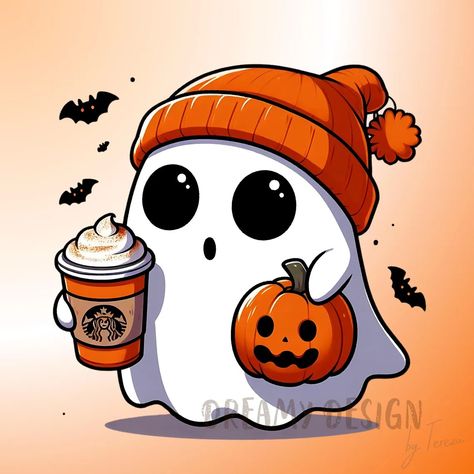 Halloween Prints For Shirts, Cute Halloween Cartoons, Cute Fall Art, Cute Spooky Art, Cute Halloween Drawings, Ghost With Pumpkin, Helloween Wallpaper, Fall Stickers, Days Until Halloween