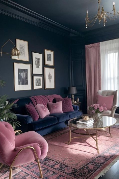 Pink Living Room Paint, Moody Blue Living Room, Blue And Pink Living Room, Plum Decor, Jewel Tone Living Room, Bold Furniture, Zen Home Decor, Purple Pastel, Deco Rose