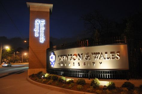 Up lit entry signage at the Johnson & Wales University Harborside Campus Entry Gate in Providence, RI. Johnson And Wales University Charlotte, University Gate Design, Jwu Providence, University Entrance Gate Design, Johnson And Wales University, Johnson And Wales University Providence, Ubc University Campus, Savannah Rose, Entry Gate