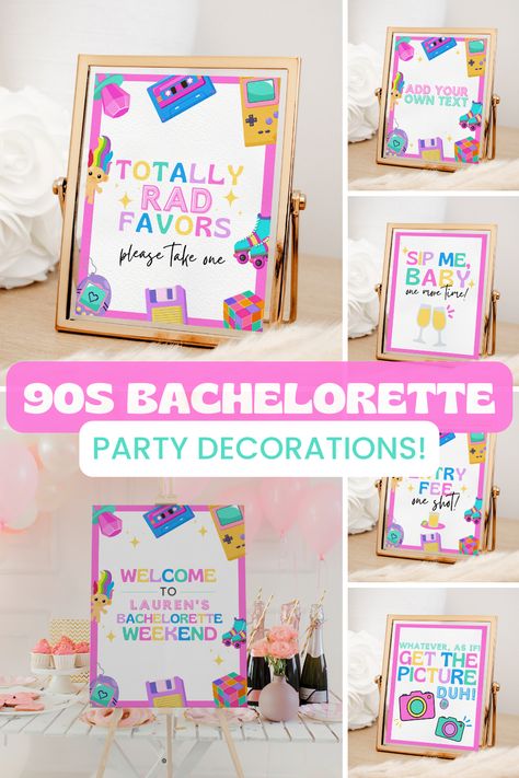 90’s Theme Bachelorette Party, 90s Bachelorette Party Decor, 90s Hen Do, 90s Bridal Shower Ideas, Bach To The 90's Bachelorette, 90s Bachelorette Party Ideas, Bachelorette 90s Theme, Back To The 90s Bachelorette, 90s Bachelorette Party