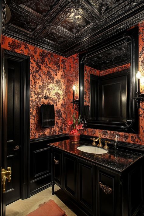 Black Powder Room, Powder Room Renovation, Bathroom Wallpaper Ideas, Gothic Bathroom, Goth Houses, Powder Room Ideas, Powder Room Makeover, Dark Home Decor, Powder Room Design