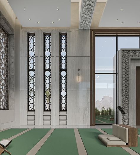 Introducing the main prayer hall at Masjid Al-Hikma, an exquisite blend of elegant grey marble and rich wood, adorned with intricate Islamic patterns. This space beautifully reflects the depth of Islamic culture with a modern touch, guiding worshippers to peace and tranquility. - - - - - - #interiordesign #interiorinspo #interiordaily #interiorstyle #interiorinspiration #3dvisualization #designinspiration #design #designinterior #visualart #visualization #3dmax #modern #art #luxurylifestyle #... Interior Mosque Design, Mosque Modern Design, Masjid Design Islamic Architecture, Islamic Office Design, Mihrab Design Islamic Architecture, Modern Mosque Interior, Masjid Interior Design Modern, Namaz Room, Islamic Arch