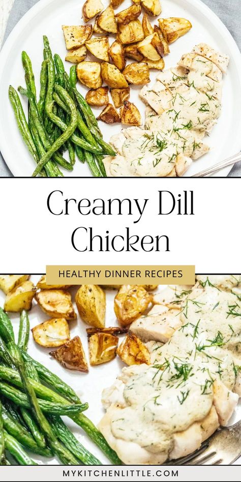 Indulge in a classic dinner favorite: Creamy Dill Chicken. This comforting chicken dinner features herb-infused flavors, hearty potatoes, and crisp green beans, making it an easy and healthy option for busy weeknights. Save this pin to your "Dill Chicken" board and explore the full recipe in the article. Creamy Dill Chicken Hello Fresh, Baked Dill Chicken Recipes, Creamy Dill Sauce For Chicken, Chicken With Dill Recipes, Chicken And Dill Recipes, Chicken Dill Recipes, Dill Recipes Dinner, Dill Chicken Recipes, Dijon Dill Chicken