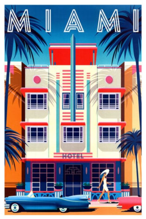 Miami - Florida - Vintage Travel Poster - Retro Posters 80s Art Deco Interior, Art Deco Arquitectura, Miami Vintage, Miami Posters, Miami Hotel, Art Deco Logo, 80s Art Deco, Florida Holiday, Miami Art Deco