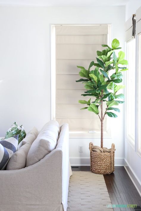 Bright & white coastal inspired living space with a fiddle leaf fig.  Pottery Barn York Sofa with coastal throw pillows and greenery. #homedecor #homedecorideas #homedesign Best Fake Plants, Plant Decor Living Room, Faux Plants Decor, Pottery Barn Living Room, Barn Living, Fake Plants Decor, Living Room Plants, Contemporary Coastal, Coastal Living Rooms