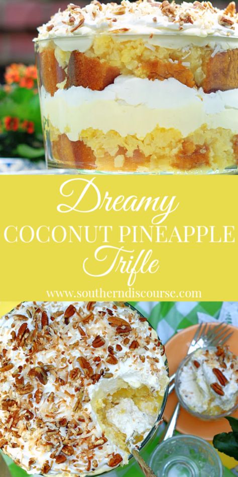 Dreamy Coconut Pineapple Trifle - a southern discourse Pineapple Trifle, Tropical Trifle, Coconut Trifle, Recipes With Crushed Pineapple, Bowl Desserts, Trifle Bowl Recipes, Southern Discourse, Trifle Cake, Trifle Dessert Recipes