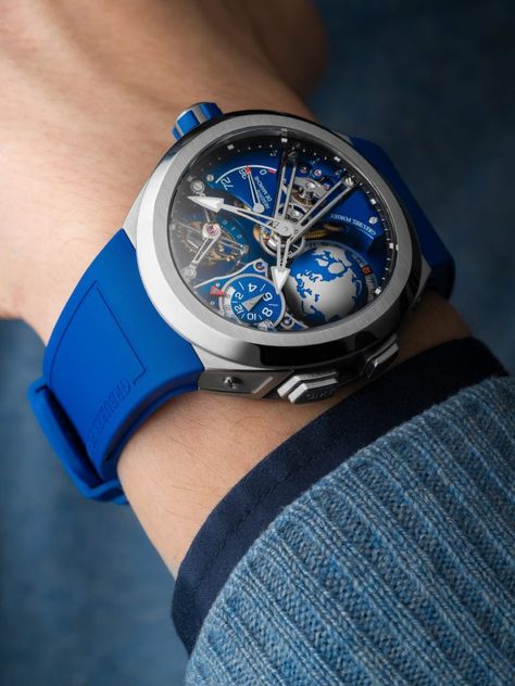 Showing at WatchTime New York 2021: Greubel Forsey GMT Sport | WatchTime - USA's No.1 Watch Magazine Greubel Forsey, Titanium Watches, Round Watch, Titanium Bracelet, Limited Edition Watches, Sports Models, Blue Accents, Sport Watches, Metal Bracelets