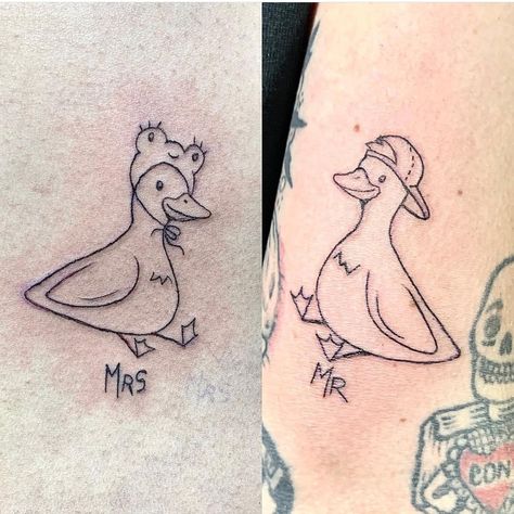 Lowkey Matching Tattoos, Silly Goose Tattoo Matching, Matching Goose Tattoos, Couple Tattoos Animals, Fine Line Duck Tattoo, Matching Tattoos 4 People, Matching Duck Tattoo, Opposite Tattoos Matching, Silly Goose Tattoo