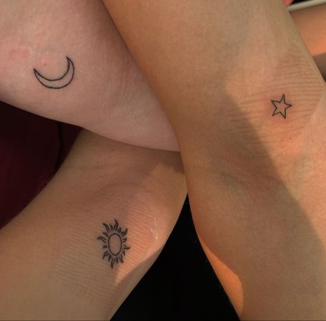 Small Tattoo Ideas For Trio, Tiny Matching Tattoos For 3, Trio Simple Tattoo, 3 Bsf Tattoos, Cute Small Matching Tattoos For 3 People, Friend Matching Tattoos For 3, Cute Matching Tattoos 3 People, Three Friend Matching Tattoos, Tattoo Ideas 3 People