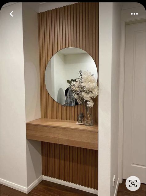 Built In Console, Hallway Niche Ideas, Hallway Nook Ideas, Entryway Niche, Wall Niche Ideas, Entry Nook, Timber Feature Wall, Niche Ideas, Wooden Panelling