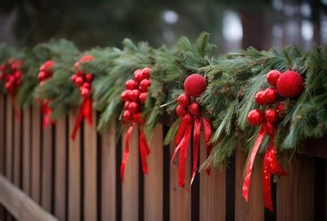 fence garlands draped warm lights - Search Images Privacy Fence Christmas Decorating Ideas, Decorating A Fence For Christmas, Picket Fence Christmas Decor, Decorate Fence For Christmas, Christmas Garland Fence, Outdoor Fence Christmas Decorating Ideas, Garland On Fence, Fence Christmas Decor, Fence Christmas Decorating Ideas