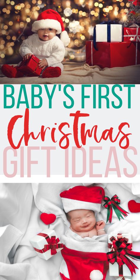 What should you get for baby's first Christmas? Here are some excellent gift ideas for babies - from newborn baby to toddler! Cute, useful, practical gift ideas that moms and dads will love and babies will enjoy! Baby First Christmas Pictures, Baby First Christmas Ideas, Baby First Christmas Gifts, Gift Ideas For Baby Boy, Gift Ideas For Baby Girl, First Christmas Pictures, Christmas Presents For Parents, Christmas With Baby, Dads First Christmas