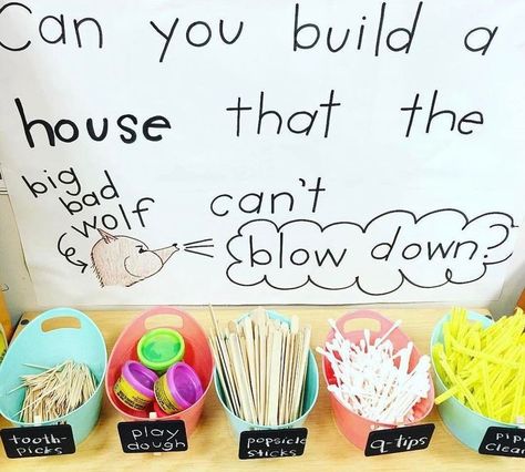 Makerspace Challenge - Can you build a house that the big bad wolf can't blow down? Kindergarten Stem, Preschool Stem, Fairy Tale Theme, Build A House, Creative Curriculum, Steam Activities, Kindergarten Science, Stem Challenges, Stem Projects