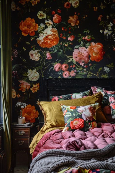 Transform your bedroom with these stunning floral wallpaper ideas! Whether you're looking for a bold, statement-making design or a subtle, calming pattern, floral wallpapers are the perfect way to add a touch of nature to your space. From vintage-inspired prints to modern, abstract designs, there's a floral wallpaper for every style and aesthetic. #FloralWallpaper #BedroomDecor #HomeDesign #WallpaperIdeas Dark Floral Bedroom, Floral Wallpaper Ideas, Maximalist Bedroom Ideas, Cottagecore Bedroom Ideas, Dark Boho Bedroom, Maximalist Bedroom, Floral Wallpaper Bedroom, Textured Wall Panels, Sophisticated Bedroom