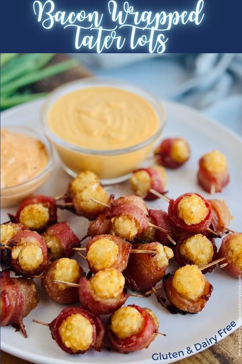 Warm Bacon Wrapped Tater Tots are an appetizer must! You get greasiness, crispiness, tender golden fluffy potato in every bite. #glutenfree #dairyfree #appetizer #baconwrappedtatertots Dairy Free Dinner Ideas, Dairy Free Appetizer, Tater Tot Appetizers, Bacon Wrapped Tater Tots, Dinners Family, Dairy Free Dips, Dairy Free Appetizers, Perfect Bacon, Comfort Meals