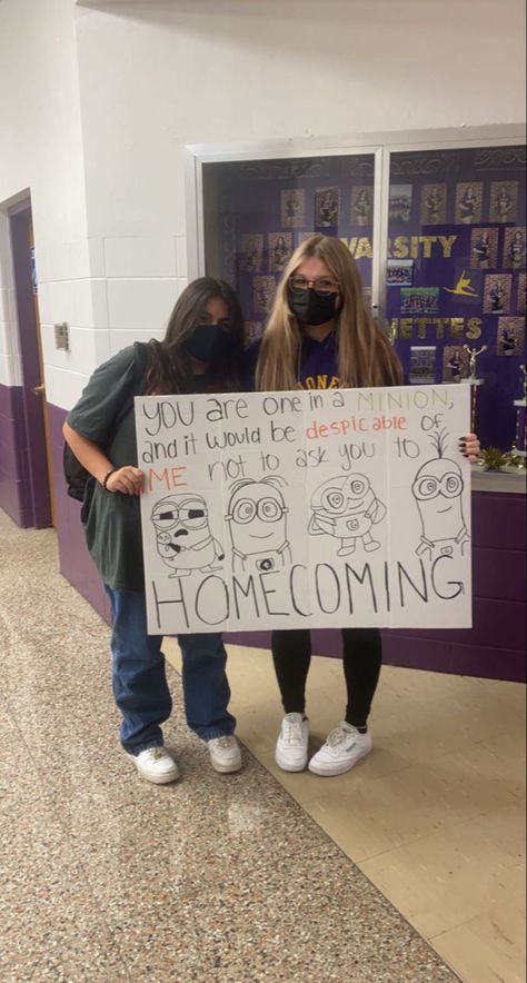 Hoco Poster Best Friends, Sports Med Hoco Proposal, Minion Homecoming Proposal, Homecoming Proposal For Guys, Bff Promposal Best Friends, Hoco Poster Ideas Funny, Anime Hoco Proposals Ideas, Nirvana Hoco Proposal, Minion Promposal