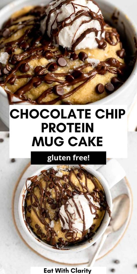 This high protein chocolate chip mug cake is easy to make, healthy and gluten free. This mug cake is perfect for a healthy dessert or vegan snack. With over 15 grams of protein per serving, this is the perfect healthy chocolate dessert. Chocolate Protein Mug Cake, Protein Mug Cake, Protein Goals, Chocolate Chip Mug Cake, Mug Cake Healthy, Protein Mug Cakes, Cake Calories, Mug Cake Microwave, High Protein Desserts