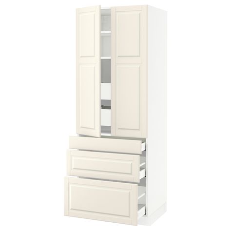 IKEA SEKTION White Maximera, Bodbyn Off-White High cabinet w/2 doors & 5 drawers Ikea Sektion, Ikea Kitchens, Perfect Pantry, High Cabinet, Drawer Rails, Condo Ideas, Painted Drawers, Plastic Edging, Ikea Storage