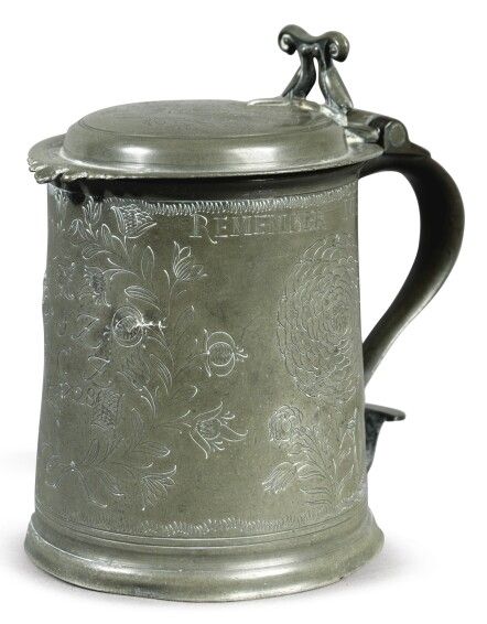 (#242) Highly Important Zabriskie Family Engraved Pewter Tankard, Attributed to Francis Bassett I, New York, dated 1728 Pewter Tankard, Beer Steins, Beer Glasses, New York, Tableware