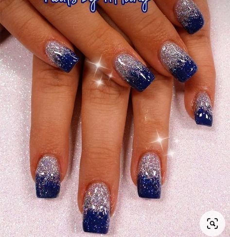 Navy Blue Glitter Nails Acrylic, Gel Nails Royal Blue And Silver, Blue Nail Designs For Wedding, Navy And Silver Nails Wedding, Dark Blue Ombre Nails Glitter, Ombre Nails Blue Glitter, Blue Nail Dip Designs, Navy Blue Nail Designs Wedding, Wedding Nails Design Blue