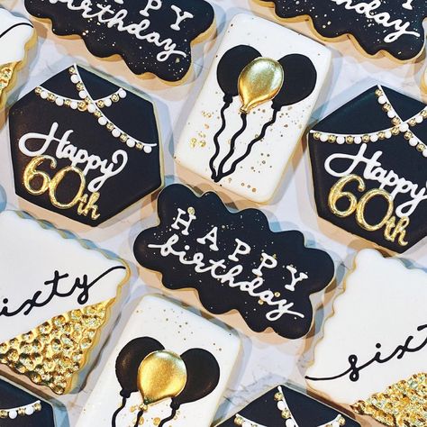 Cheers To 60 Years Cookies, Black And White Decorated Cookies, Black And Gold Sugar Cookies, 60th Birthday Cookies Decorated, Black And Gold Birthday Cookies, Black And Gold Cookies, 55th Birthday Party Ideas, 70th Birthday Ideas For Mom, Hello Forty