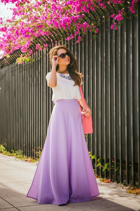 #Modest doesn’t mean frumpy. #fashion #style www.ColleenHammond.com www.TotalimageInstitute.com Lavender Skirt Outfit, Lavender Ombre, Ombre Skirt, Lavender Skirt, Pastel Skirt, Skirt Outfit Ideas, Purple Maxi, Purple Stuff, Skirt Purple