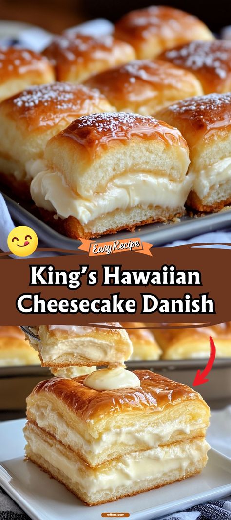 Treat yourself to the tropical sweetness of our King’s Hawaiian Cheesecake Danish, where fluffy Hawaiian bread meets rich cheesecake filling for a truly indulgent breakfast or dessert. #HawaiianCheesecake #SweetDanish #LuxuryBreakfast Hawaiian Roll Danish, Hawaiian Rolls Dessert, King Bread Recipe, Cheesecake Danish Recipe, Hawaiian Roll Sweet Recipes, Grands Sweet Hawaiian Biscuit Recipes, Easy Quick Thanksgiving Desserts, Kings Hawaiian Dessert, Hawaiian Roll Bread Pudding