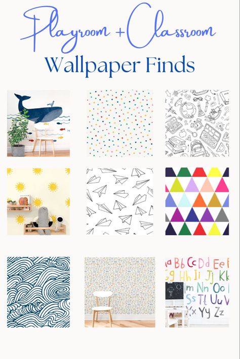 Kids Wallpaper Playroom, Modern Kids Wallpaper, Playroom With Wallpaper, Wallpaper In Playroom, Homeschool Room Wallpaper, Fun Playroom Wallpaper, Peel And Stick Wallpaper Playroom, Kids Peel And Stick Wallpaper, Playroom Wallpaper Accent Wall