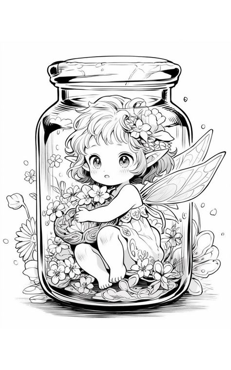 Printable coloring pages for kids and adults to color in. Including animals, flower, relief, pattern, relaxing and more. #coloringpages #coloringbook #adultcoloringpage #kidscoloringpage Anime Fairy Tattoo, Fairy Coloring Pages For Grown Ups, Coloring Pages Fantasy Art, Cute Anime Coloring Pages, Fantasy Coloring Pages For Adults, Fairies Coloring Pages, Fantasy Coloring Pages, Manga Coloring Pages, Fairy Coloring Book