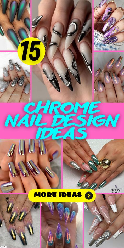 Sleek and Modern: Black Chrome Nails with Edgy Appeal: Achieve a sleek and modern look with black chrome nails that offer edgy and bold appeal. The chrome finish adds a touch of sophistication to the deep black hue, creating a striking contrast. Whether you opt for coffin or square nails, these nails are sure to make a statement. Matte And Chrome Nails, Black And Chrome Nails Designs, Black Chrome Nails Designs, Rose Gold Chrome Nails, Chrome Nail Design, Silver Chrome Nails, Black Chrome Nails, Ombre Chrome Nails, Gold Chrome Nails