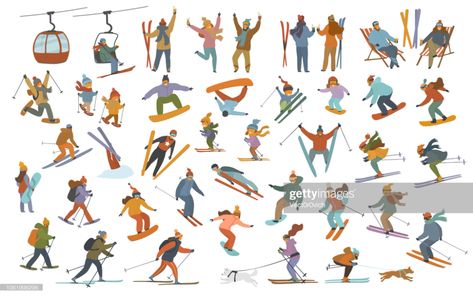 stock illustration : winter people, men women children downhill skiing, snowboarding, cross-country skiers, skijoring, jumping, snowshoeing, having party at resort cartoon vector illustration scenes set Ski Funny, Skiing Illustration, People Skiing, Winter People, Vector Illustration People, Helmet Drawing, Skiing Art, Skating Pictures, Cross Country Skier