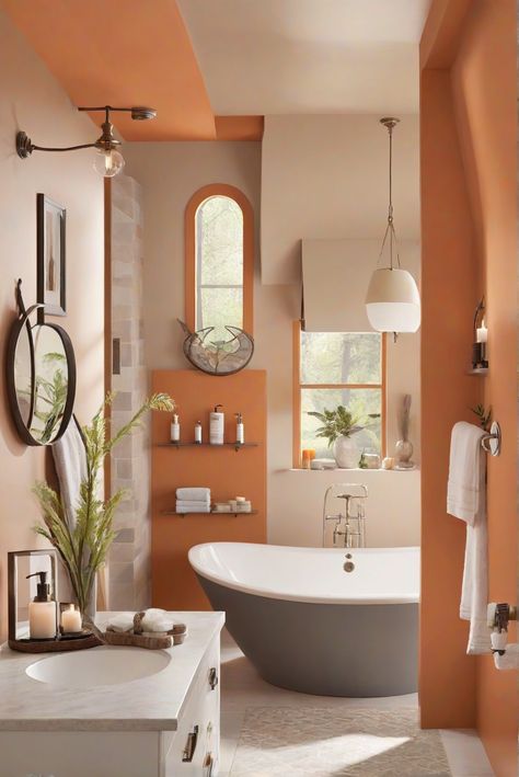 Step into a world of modern cozy vibes with Adventure Orange (SW 6655) as we dive into a bathroom transformation that’s sure to delight. #Ad #homedecor #homedesign #bathroom #Painthome interiorarchitecture best Wall Colors for Bathroom Colors Bright Room Colors best colors combinations bathroom bathroom Remodeling Modern Paint Colors 2024 Trending House Colors Interior Design, Orange Bathroom Ideas, Restroom Colors, Bright Bathroom Decor, Paint Colors 2024, Bright Room Colors, Best Wall Colors, Modern Paint Colors, Orange Bathroom