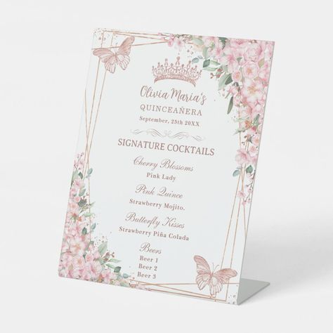 Rose Gold Birthday Ideas, Gold Birthday Ideas, Drinks Menu Design, Signature Cocktail Drinks, Drink Menu Design, Pink Quince, Rose Gold Birthday, Strawberry Mojito, Cherry Cocktail