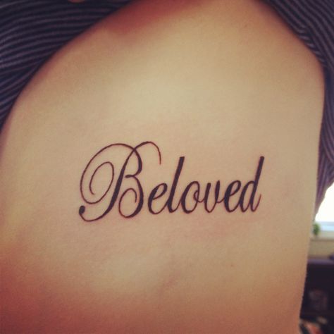 Beloved tattoo - getting on my back/shoulder area in white ink Back Shoulder Word Tattoos For Women, To Be Loved Is To Be Seen Tattoo, Beloved Tattoo Font, Love Yourself Cursive Tattoo, Life Ain’t Always Beautiful Tattoo, Beloved Tattoo, Plumeria Tattoo, Relationship Tattoos, Summer Tattoo