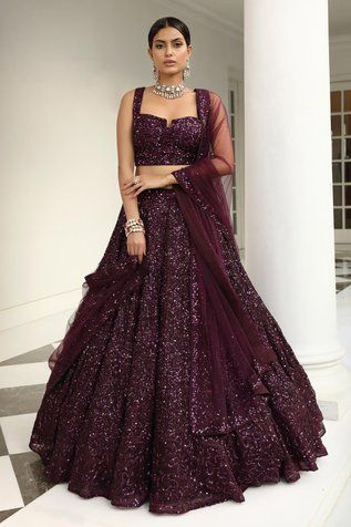 Buy Shyam Narayan Prasad Yellow Silk Embroidered Lehenga Set Online | Aza Fashions Wine Colour Designer Saree, Purple Reception Lehenga, Grape Wine Color Lehenga, Sequence Lehanga Design, Lehenga Pattern Design, Blouse And Lehenga Designs, Designer Choli For Wedding, Sequence Lehenga Designs, Wine Colour Lehenga Color Combos