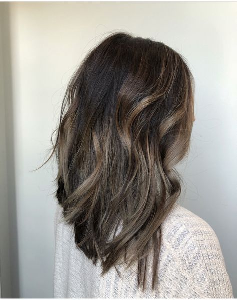 Dark Hair With Ashy Balayage, Dark Brown Ashy Balayage, Neutral Bayalage Brunette, Dark Milk Tea Hair Color Balayage, Subtle Ashy Balayage Brunette, Cool Tone Balayage Brunette, Ashy Dark Brown Hair Balayage Short, Subtle Cool Brown Balayage, Ash Blonde Highlights On Dark Hair Short