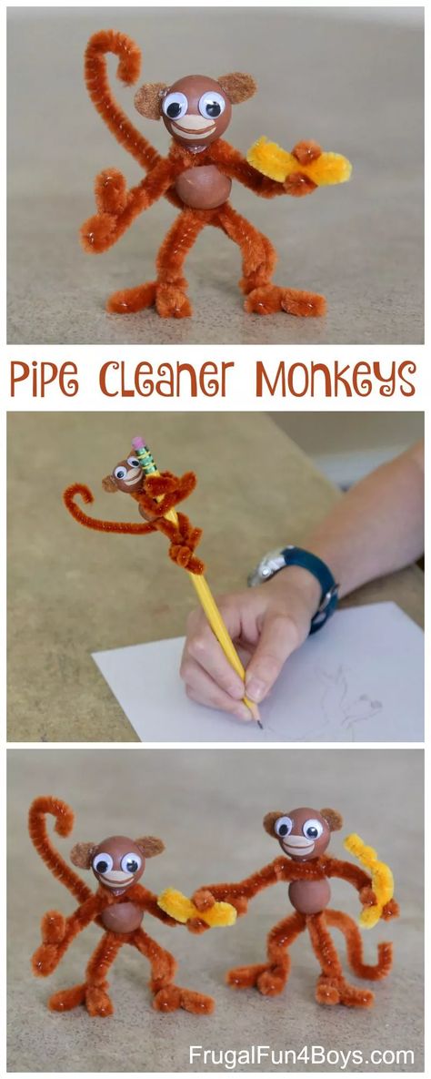 20 Fun Pipe Cleaner Crafts for Kids Craft Pipe Cleaner, Monkey Crafts, Pipe Cleaner Crafts, Shelf Bookcase, Crafts For Boys, Pipe Cleaners, Wooden Shelf, Crafty Kids, Googly Eyes