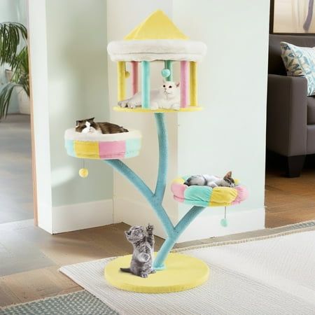 Pefilos cat cat tree is not only a climbing device, but also a comfortable sleeping platform, entertainment and play area, cozy cat condo and scratching posts. Meet the various needs of cats! Has an open cat condo that is perfect for resting and observing. Curved scratching posts to encourage healthy nail maintenance are ideal for cats to scratch and stretch, helps the health of your cat's nails and keeping them away from your valuable curtains and furniture! Consists of hidden metal tubes that Nail Maintenance, Small Cat Tree, Cat Castle, Cat Patio, Cat Tree House, Modern Cat Tree, Cozy Cat, Activity Center, Indoor Cats