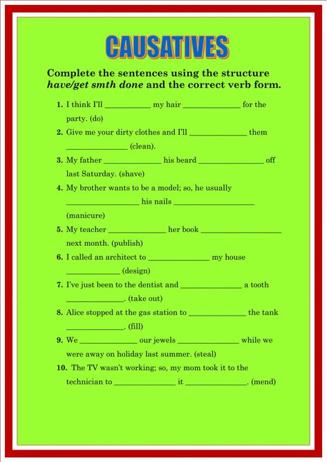 Causatives - Interactive worksheet Causative Grammar, Causative Verbs Worksheet, Can Could Worksheet, Types Of Verbs Worksheet, Categorical Imperative, Verb Forms, Alphabet Pictures, Verb Worksheets, Teaching English Grammar