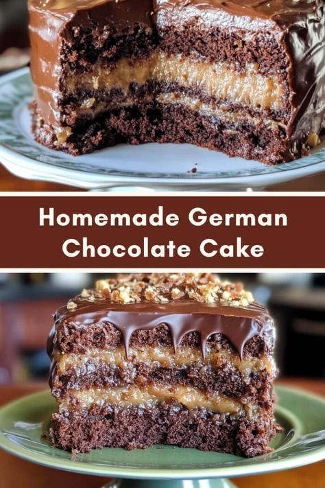 Homemade German Chocolate Cake Bakers Cake Recipe, German Chocolate Recipes Desserts, Authentic German Chocolate Cake Recipe, German Chocolate Topping, Chocolate German Cake Recipes, Home Made German Chocolate Cake Recipe, German Chocolate Icing Recipe, Birthday Dessert Ideas Easy, German Chocolate Frosting Recipe