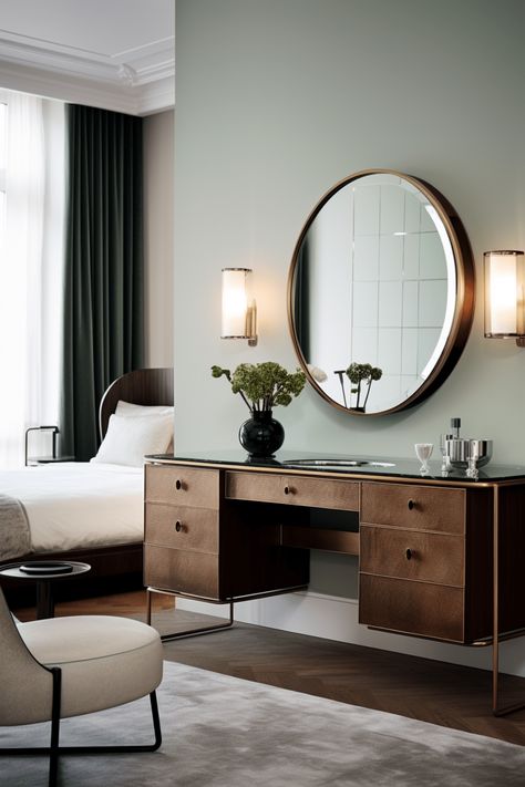 a round mirror above a contemporary desk in the bedroom Mirror Above Desk, Desk In The Bedroom, Above Desk, Brick Effect Wallpaper, Feng Shui Principles, House Upgrades, Office Closet, Under Stairs Cupboard, Contemporary Desk