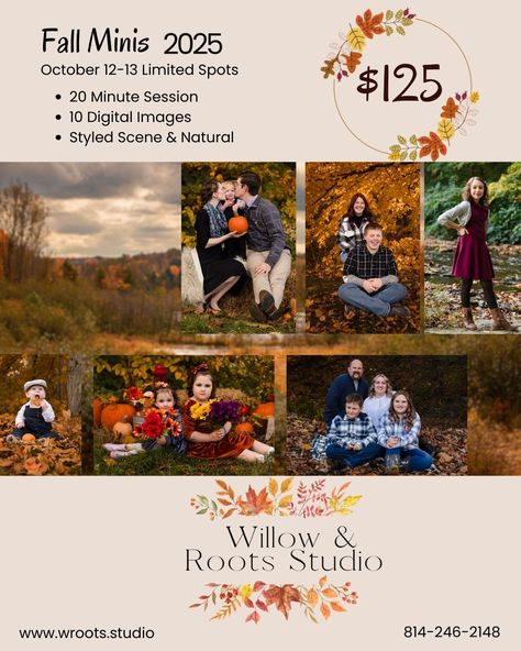 It's time to book your Fall Mini Session before they're gone!!! Only $125 this year with styled and natural scenes available right at our studio in North East. Book Here: https://wrootsstudios.sproutstudio.com/book/wr-studios-fall-minis-2024 Fall Mini Advertisement, Fall Minis, Natural Scenes, Fall Mini Sessions, Fall Mini, Mini Session, North East, Digital Image, This Year