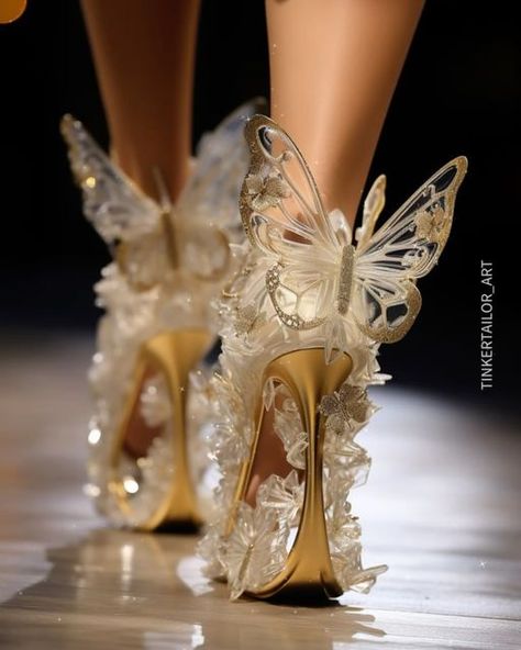 Haute Couture Heels, Diy Butterfly Shoes, Shoes Decoration Ideas, Cute Shoes Women, Butterflies Decorations, Fairy Heels, Whimsical Shoes, Butterfly Clothes, Butterfly Heels