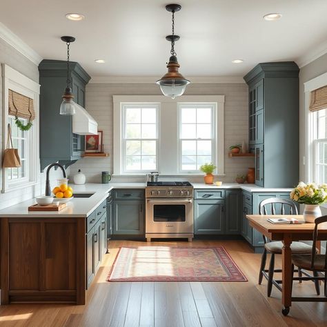 Create a breezy coastal New England kitchen with light blue glass-front cabinets and nautical-inspired crown molding. #CoastalNewEngland #SeaSideCharm 🌊 Classic New England Kitchen, New England Kitchen Ideas, Cape Cod Kitchen Ideas, New England Kitchen Design, England Kitchen, Cape Cod Kitchen, New England Kitchen, Coastal New England, Blue Kitchen Cabinets