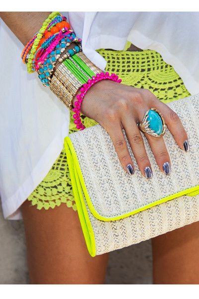 TRENDING TUESDAY – #NEON Neon Looks, Neon Scarf, Neon Skirt, Neon Accessories, Bracelets And Rings, Fest Outfits, Estilo Hippie, Neon Fashion, Crochet Shorts