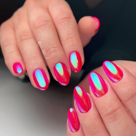 Chrome Nail Designs, Red Chrome Nails, Red Holographic, Female Energy, Metallic Nail Art, Pink Chrome Nails, Metallic Nail, Chrome Nails Designs, Chrome Nail