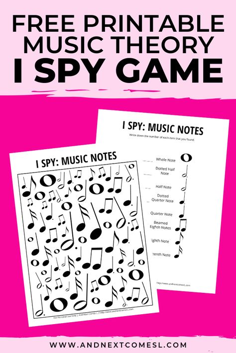 This free music theory I spy printable game is perfect for kids who need to practice music theory! They'll love searching and counting for the different music note values. #ispyprintable #ispygames #musictheory #musicgames Music Games For Kids, Teaching Music Theory, Spy Games For Kids, Music Theory Games, Music Printables, Music Theory Lessons, Music Theory Worksheets, Homeschool Music, Music Lessons For Kids